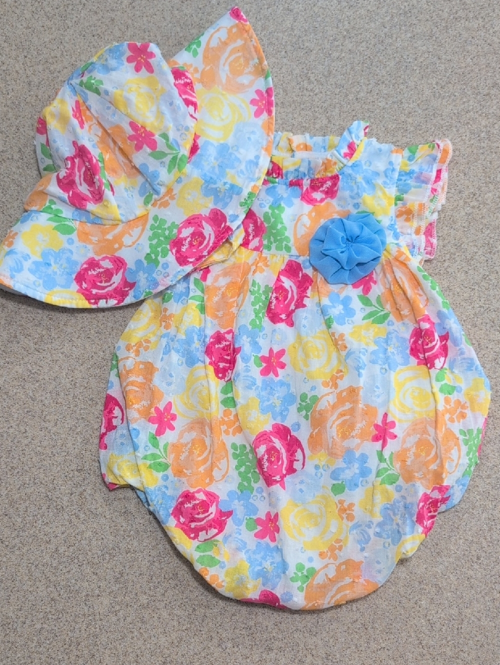 Baby Essentials Floral Cotton Swiss Dot Romper With Matching Sun Hat 3 Mo